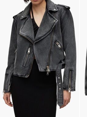 AllSaints Denim Jacket Washed Black Moto Biker Balfern  - Women’s Size 6